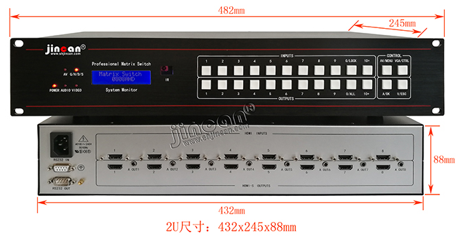 4K*2K HDMI+A无缝矩阵8进8出尺寸示意图