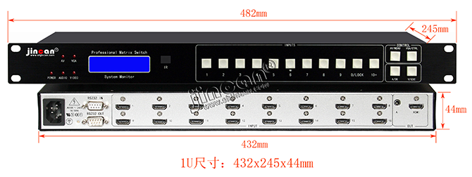 自动HDMI加音频切换器16进1出4K*2K 尺寸示意图