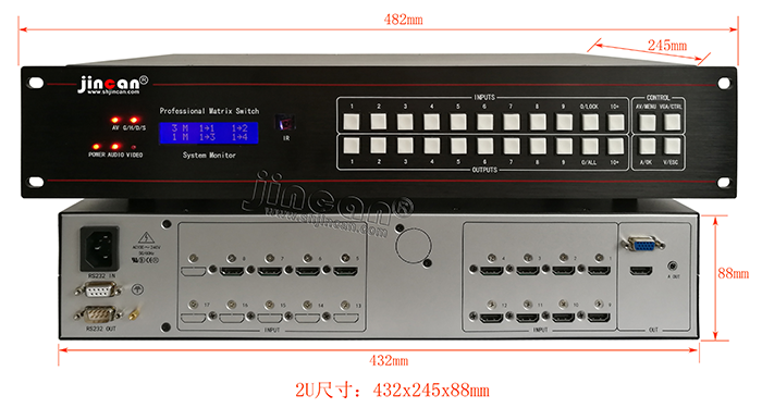 HDMI+A无缝画面分割器12进1出尺寸图